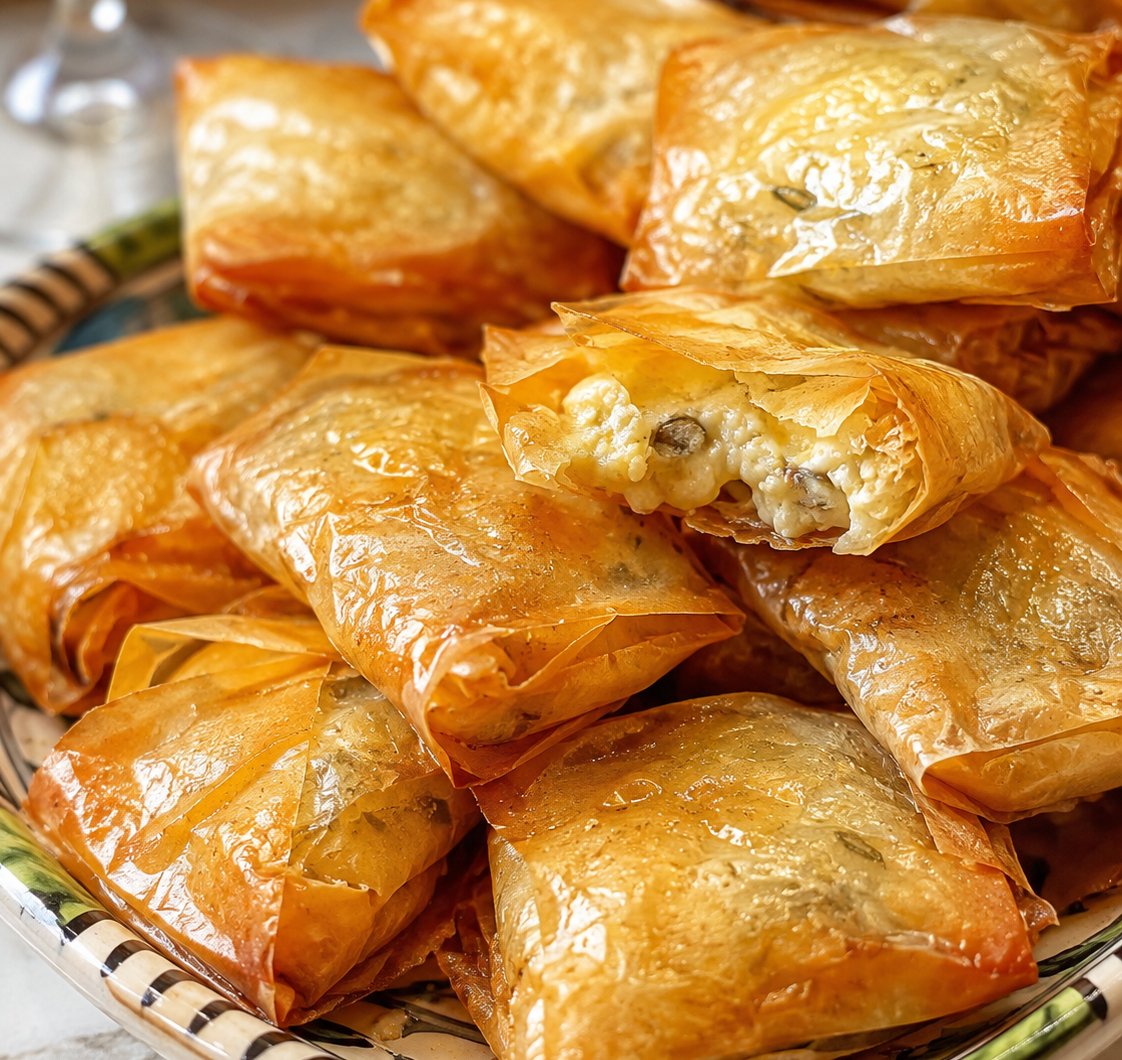 Petites enveloppes feuilletées de pâte filo au roquefort, chèvre et sirop d’érable